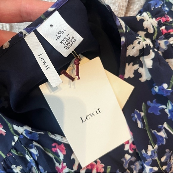 NWT Lewit Keyhole Puff Sleeve 100% Silk A-Line Dress Knee Length Navy Blue Dress - Picture 8 of 8